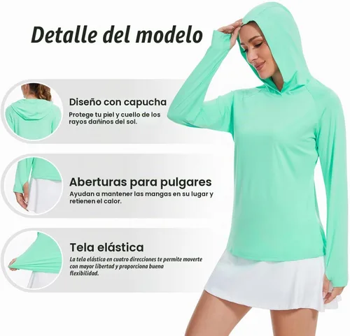 Vista 5 de Camisetas con capucha para mujer, con protección solar, ligeras, para pesca