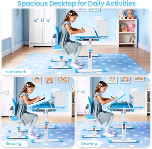 Vista 4 de Artist hand Kids Desk and Chair Set, Height Adjustable Desk with 0-40° Tilting Desktop, 2-Tier Bookshelf, Tablet Stand, Drawer, Hook and Ergonomic