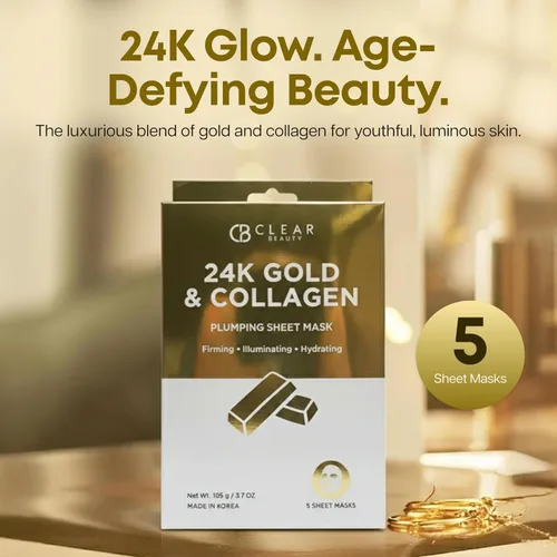 Vista 3 de Clear Beauty Mascarilla facial de oro de 24 quilates y colágeno, mascarillas reafirmantes e hidratantes para un brillo radiante y una textura suave