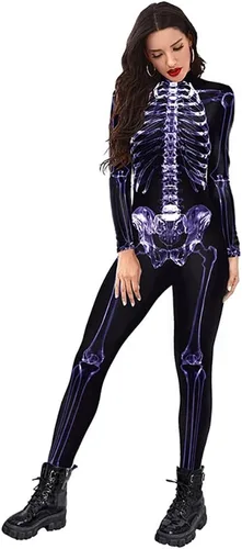 Vista 21 de Sister Amy Disfraz de esqueleto de calavera para mujer de Halloween, traje ajustado de una pieza J-colorido esqueleto