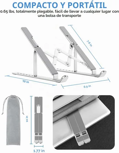 Vista 3 de Soporte para laptop, soporte portátil plegable de aluminio ajustable, almohadilla de silicona antideslizante completa, elevador de computadora