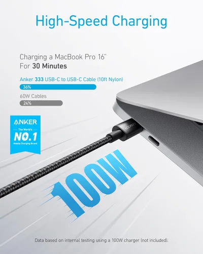 Vista 2 de Anker Cable USB C a USB C, cable de carga tipo C de carga rápida (3.3 pies + 6 pies + 10 pies, 100 W), para iPhone serie 17, MacBook y más (negro)