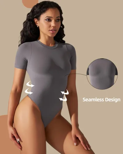 Vista 4 de Women's Bodysuit Shapewear, Tummy Control Body Shaper, Round Neck Short Sleeve Soft Thong Jumpsuit