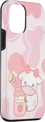 Vista 3 de Funda Kawaii para iPhone 12, diseño de vaca fresa, color rosa