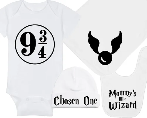 Vista 23 de Sombrero de bebé Wizard - Chosen One (tela negra - diseño dorado)