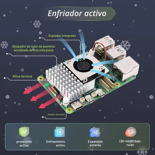 Vista 5 de Kit básico de iRasptek para Raspberry Pi 5 RAM 4GB con carcasa Pi 5 y refrigerador activo