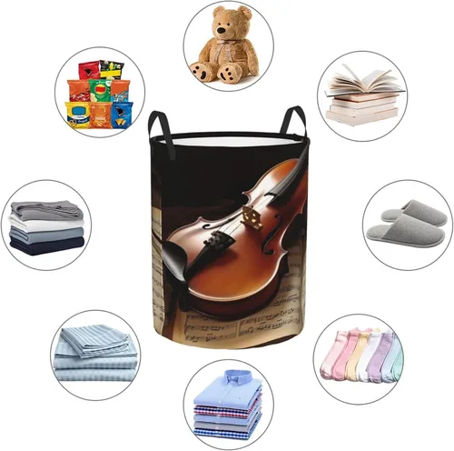 Vista 6 de Cesta circular con estampado de violín y libro, impermeable, cesta organizadora de lavandería, con asas, para ropa, juguetes, pequeña