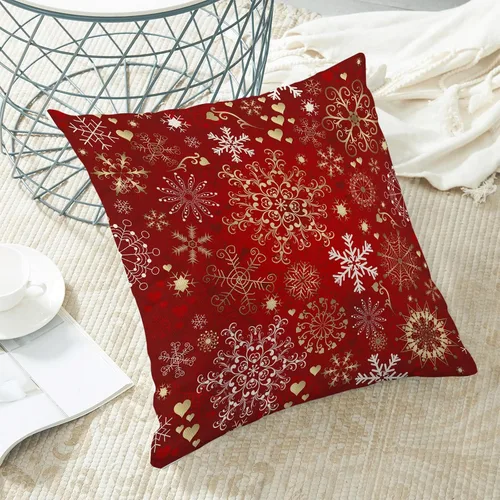 Vista 4 de Fundas de almohada de Navidad de 16 x 16 pulgadas, almohadas decorativas de Navidad con copos de nieve dorados, blancos y rojos para sofá, fundas