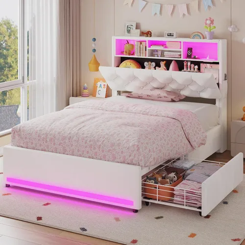 Vista 11 de HAUOMS - Base de cama Queen con cabecero y 4 cajones, tapizado de poliuretano negro Pu Negro