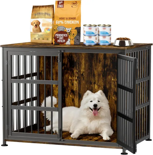 Vista 11 de Jaula para perros de 26 pulgadas, jaulas para perros de razas grandes, jaulas para perros interiores de madera, mesa auxiliar, jaula combinada