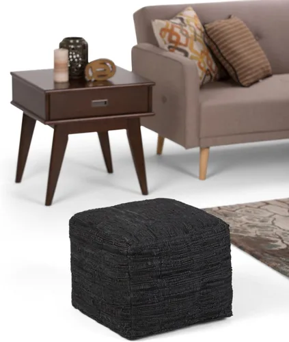 Vista 10 de SIMPLIHOME Fredrik - Puf cuadrado – Otomano de cuero genuino tejido de 18 pulgadas de ancho en negro, reposapiés estilo bohemio o asiento adicional