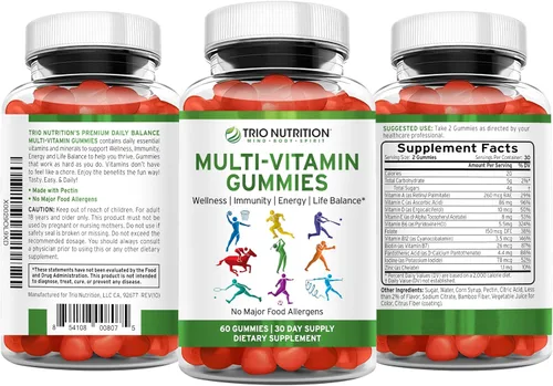 Vista 4 de TRIO NUTRITION Gomitas multivitamínicas diarias para hombres y mujeres, sabor a fruta natural con vitaminas esenciales A, B, C, D, E y zinc, sin