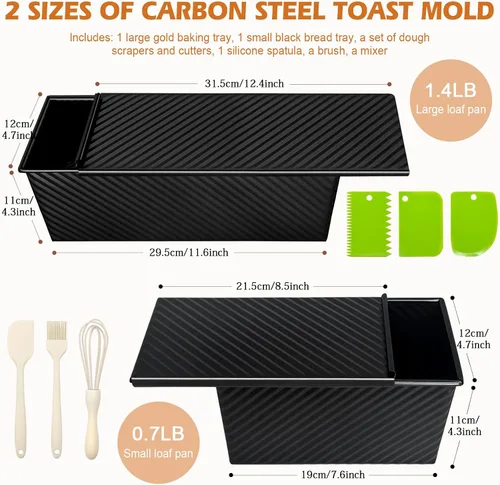 Vista 2 de Paquete de 2 moldes para pan con tapas – Capacidad de masa de 2.2 libras y 1 libra, moldes para pan de acero al carbono antiadherentes para pan