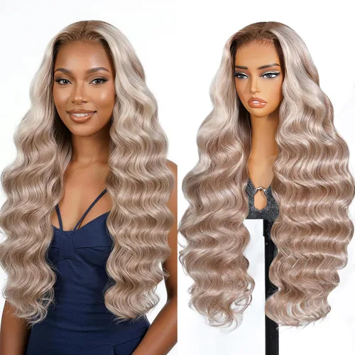 Vista 15 de TESLAL - Peluca de mezcla de cabello humano lacio rubio ceniza de encaje de 6 x 6 pulgadas, sin pegamento, 20 pulgadas Premium Fiber Blend Human