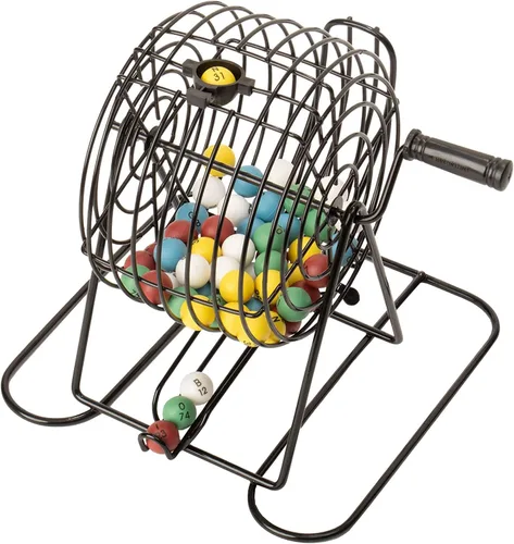 Vista 4 de GSE Games & Sports Expert Juego de bingo de lujo con jaula de acero, tablero maestro, 75 bolas, 150 fichas, 18 tarjetas de bingo para fiestas