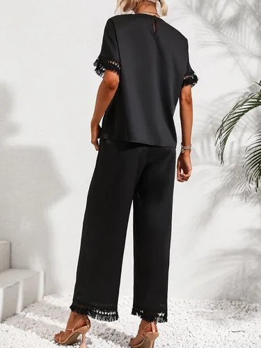 Vista 2 de MakeMeChic Conjunto de 2 piezas de verano para mujer, blusa de manga corta con flecos y pantalones de pierna ancha