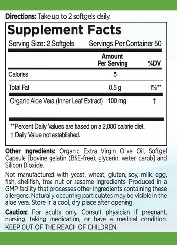 Vista 4 de Cápsulas blandas de aloe vera 100 mg por porción (2 cápsulas blandas), 100 unidades - Apoyo digestivo e inmunológico