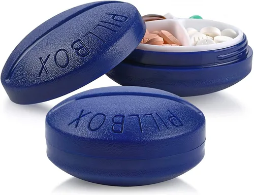 Vista 10 de Pastillero redondo para viajes, mini organizador compacto portátil de 4 compartimentos, dispensador de vitaminas y medicamentos hasta 4 veces al