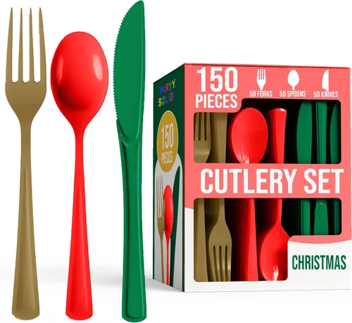 Vista 27 de Party Solids Cubiertos de plástico negro resistente, 150 piezas, cubiertos desechables negros, juegos de utensilios, 50 de cada tenedor, cuchillos