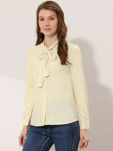 Vista 3 de Allegra K Camisa de manga larga con botones y cuello de lazo para mujer