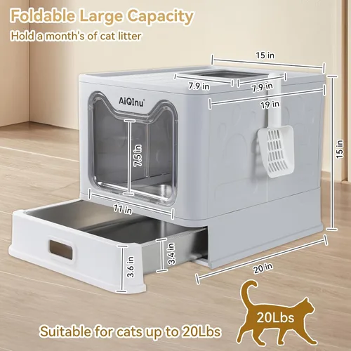 Vista 2 de AiQInu Caja de arena plegable de acero inoxidable para gatos con tapa y cuchara, caja de arena de metal cerrada grande con lados altos, antifugas