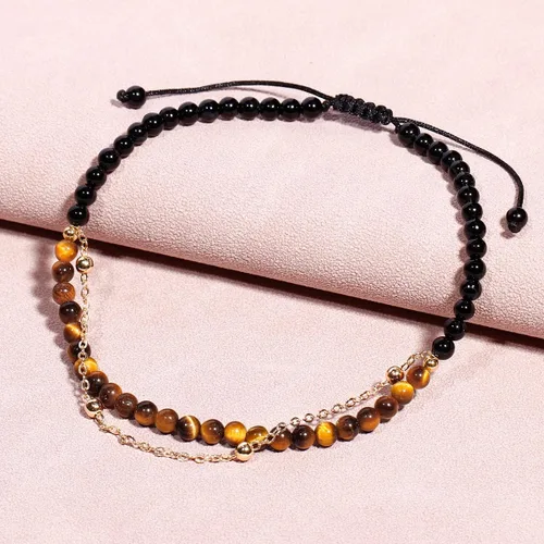 Vista 7 de Jewever Pulsera tobillera con diseño de ojo de tigre en capas y ágata negra para mujer, cadena chapada en oro de 14 quilates, antiansiedad, yoga