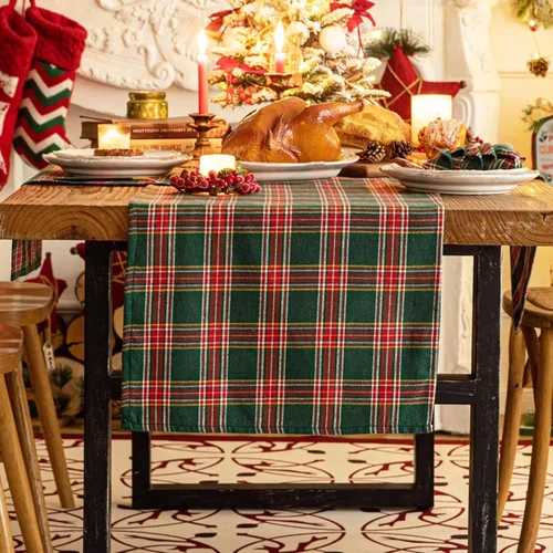 Vista 9 de Camino de mesa de Navidad a cuadros beige, caminos de mesa de vacaciones de invierno de 72 pulgadas de largo, decoraciones de Navidad para Cuadros
