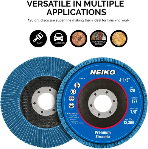 Vista 3 de NEIKO 11145A 10 Pack Discos de Solapamiento de Zirconia 4-1/2 para Amoladora Angular, Rueda de Solapamiento de 120 Granos, Rueda de Molienda Angular