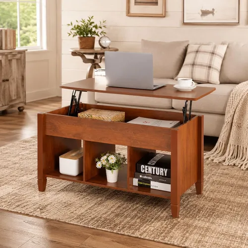 Vista 6 de VINGLI Farmhouse Lift Top Coffee Table,41" Living Room Table,Chestnut Brown Solid Wood Legs, Hidden Storage, 3 Open Shelves, Lifting Tabletop, for
