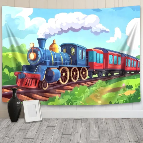 Vista 7 de Tapiz de Tren de Vapor, Tapices de Paisaje Otoñal de Tren de Motor Antiguo Decoración para Niños, Tapices de Arte de Acuarela de Bosque de Montaña
