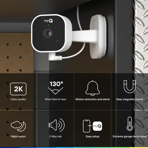 Vista 2 de myQ - Cámara enchufable para garaje Gen 2 – Cámara de garaje inteligente Wi-Fi 2K con visión nocturna, lente gran angular, audio de 2 vías, base