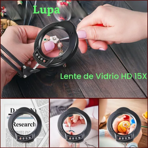 Vista 3 de Lupa 15X con luz y soporte, 5 modos de color, 10 niveles de brillo ajustable, lámpara de escritorio 2 en 1 con abrazadera, lupa de luz LED manos