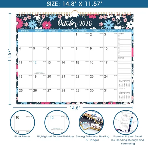 Vista 3 de Calendario de pared 2026 – enero 2026 – diciembre 2026, calendario mensual colgante de 12 meses, 14.8 x 11.57 pulgadas, encuadernación de doble