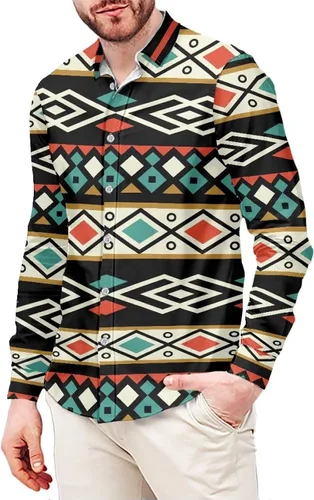 Vista 19 de Camisas aztecas con botones para hombre, vintage, nativo americano, patrón tribal nación, manga larga, camisa de talla grande para hombre