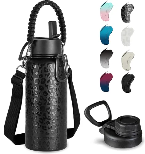 Vista 45 de KXIAOCHEN Botella de agua aislada, botella de agua de acero inoxidable, 2 tapas (con pajilla y tapa con asa), botellas de agua metálicas de boca