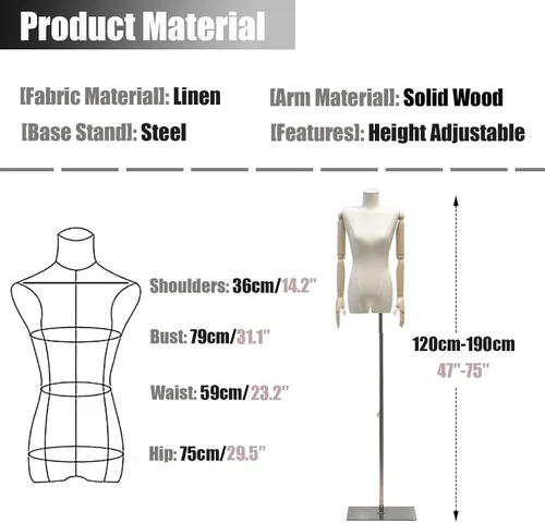 Vista 7 de Maniquí de forma de vestido femenino ajustable, cuerpo de torso de tela de lino para costura y exhibición, maniquí de sastre con soporte de metal
