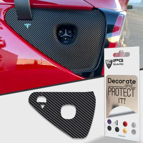 Vista 7 de IPG para Tesla Model 3/Y - Adhesivos de tapa de carga 2021-23 - Juego de pegatinas DIY - Aluminio cepillado oscuro