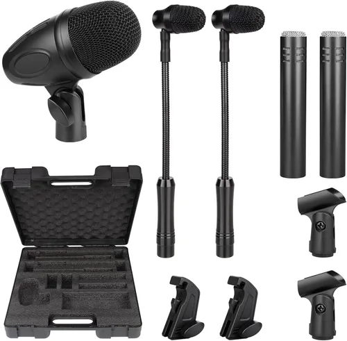 Vista 10 de Depusheng Kit de micrófono dinámico con cable de 5 piezas (completamente metálico) para bombo, tom/redoblante y platillos - Micrófono para tambores