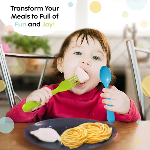Vista 4 de Plaskidy Tenedores de plástico para niños – Juego de 16 cubiertos de colores brillantes sin BPA y aptos para lavavajillas ideales para niños