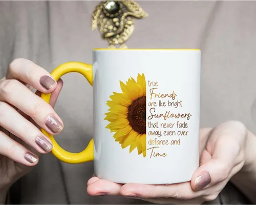 Vista 2 de Taza de café True Friends are Like Bright Sunflowers, llavero de girasol, divertida taza de refranes inspiradores, regalos de graduación