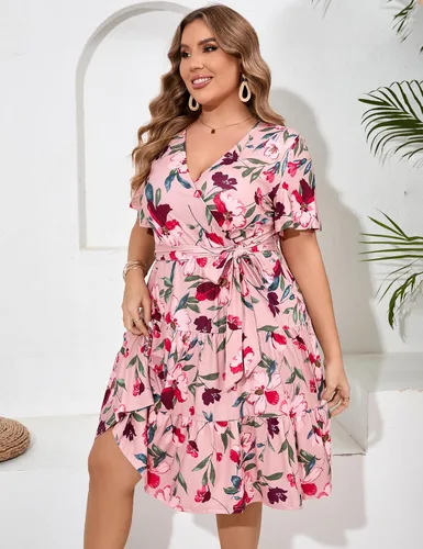 Vista 4 de KOJOOIN Vestido cruzado con cuello en V para mujer, talla grande, cintura alta, manga corta, vestido midi casual de verano con cinturón