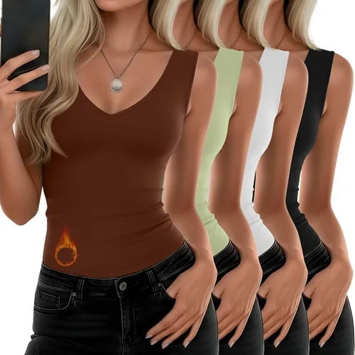 Vista 10 de Paquete de 4 camisetas térmicas sin mangas para mujer, con cuello en V, forro polar, sin mangas, cálido, chaleco de capa base