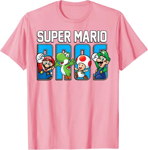 Vista 75 de Super Mario Bros Characters Letter Fill Graphic T-Shirt Camiseta, Negro