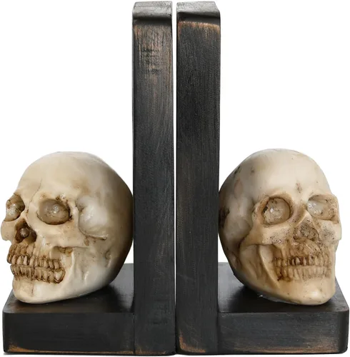Vista 6 de OwlGift Sujetalibros decorativos de calavera de Halloween, sujetalibros resistentes para estantes, extremos de libro de calavera para libros