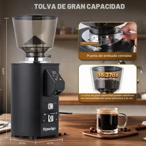 Vista 6 de Molinillo de café comercial resistente, rebabas planas SS de 2.520 in, 8 ajustes precisos, control de botón, tolva de 35 onzas, uso comercial