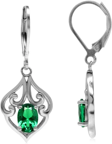 Vista 13 de Silvershake Aretes colgantes de plata de ley 925 chapados en oro blanco o amarillo con piedra natal ovalada de 0.276 x 0.197 in, estilo victoriano