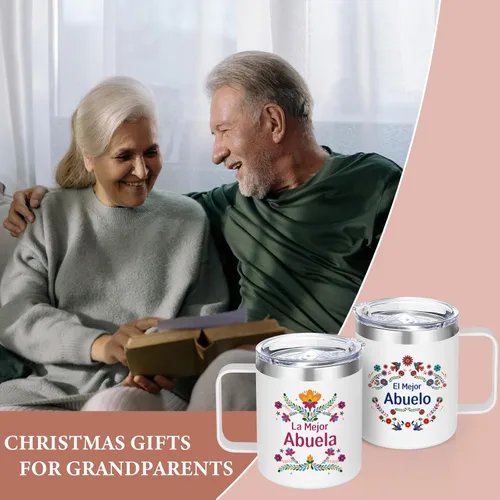 Vista 6 de Qtencas Regalo de Navidad de los abuelos, La Mejor Abuela El Mejor Abuelo Juego de Taza de Café de Acero Inoxidable en Español, Regalo de Navidad