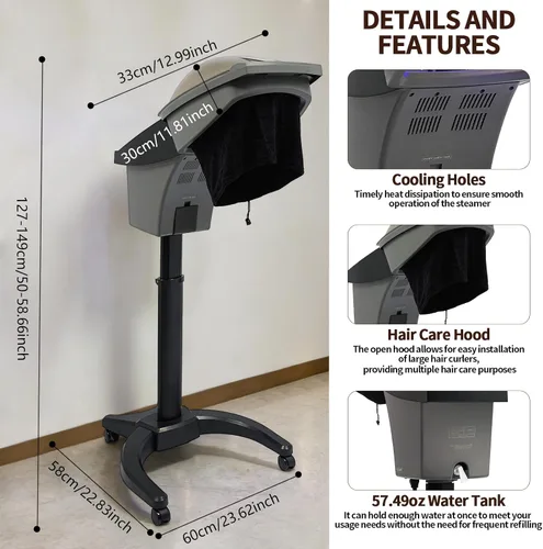 Vista 7 de Máquina profesional de vapor de pelo de salón, 700 W profesional acondicionador profundo vapor de cabello, ozono cuidado del cabello spa vapor