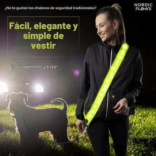 Vista 2 de Chaleco de seguridad con luces LED recargables NordicFlows – Banda reflectante e iluminada para paseos nocturnos, correr y pasear al perro