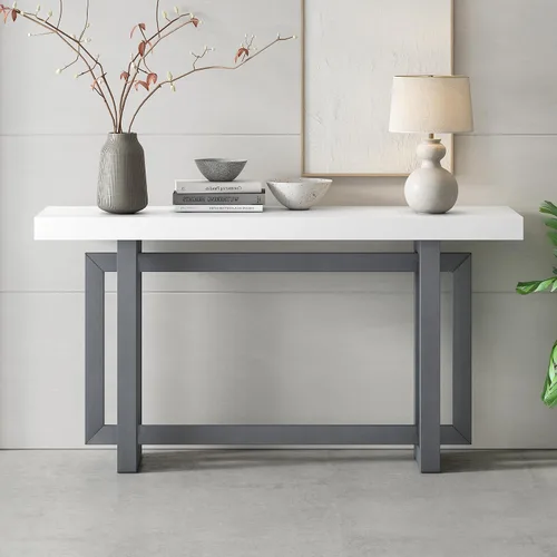 Vista 12 de Moderna mesa consola con 3 cajones de almacenamiento y mango de metal, elegante mesa de entrada de madera extra larga para pasillo, sala de estar